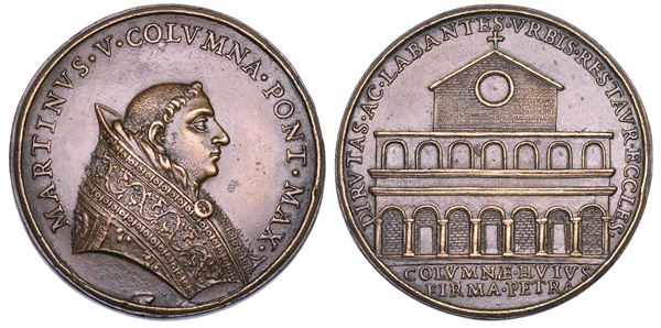 STATO PONTIFICIO. MARTINO V (Oddone Colonna), 1417-1431. Medaglia di restituzione in bronzo (circa 1664). I restauri e la ricostruzione delle chiese romane in rovina.