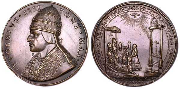 STATO PONTIFICIO. EUGENIO IV (Gabriele Condulmer), 1431-1447. Medaglia di restituzione in bronzo (metà del XVIII sec.). Canonizzazione di San Nicola da Tolentino.