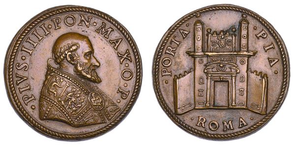 STATO PONTIFICIO. PIO IV  (Giovan Angelo Medici), 1559-1565. Medaglia in bronzo 1561. Costruzione di Porta Pia a Roma.