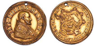 Medaglia in bronzo dorato, Nuove fortificazioni di Castel Sant’Angelo, Pio IV (Giovan Angelo Medi...