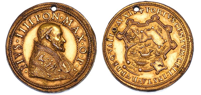 STATO PONTIFICIO. PIO IV  (Giovan Angelo Medici), 1559-1565. Medaglia in bronzo dorato. Nuove fortificazioni di Castel Sant’Angelo.  - Auction Numismatics - Cambi Casa d'Aste
