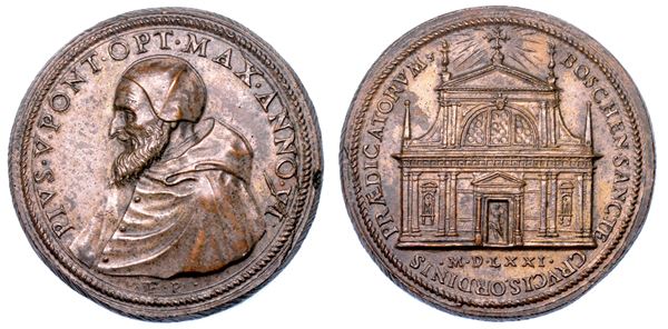 STATO PONTIFICIO. PIO V (Antonio Ghislieri), 1566-1572. Medaglia in bronzo lievemente argentato 1571/A. VI. Consacrazione della chiesa di Santa Croce a Boscomarengo.