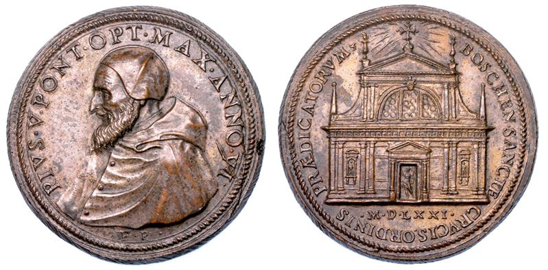 STATO PONTIFICIO. PIO V (Antonio Ghislieri), 1566-1572. Medaglia in bronzo lievemente argentato 1571/A. VI. Consacrazione della chiesa di Santa Croce a Boscomarengo.  - Asta Numismatica - Cambi Casa d'Aste