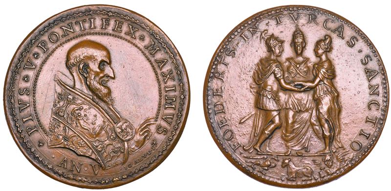 STATO PONTIFICIO. PIO V (Antonio Ghislieri), 1566-1572. Medaglia in bronzo (1571)/A. V. Alleanza contro i Turchi e creazione della Lega Santa.  - Auction Numismatics - Cambi Casa d'Aste