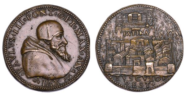 STATO PONTIFICIO. PAOLO III (Alessandro Farnese), 1534-1549. Medaglia in bronzo A. XVI. Fortificazione e abbellimento della città di Frascati.