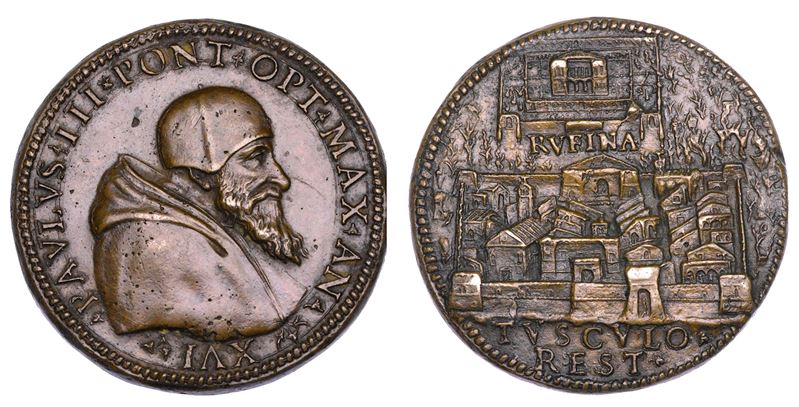 STATO PONTIFICIO. PAOLO III (Alessandro Farnese), 1534-1549. Medaglia in bronzo A. XVI. Fortificazione e abbellimento della città di Frascati.  - Auction Numismatics - Cambi Casa d'Aste