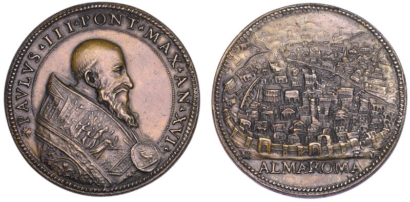 STATO PONTIFICIO. PAOLO III (Alessandro Farnese), 1534-1549. Medaglia in bronzo A. XVI. Restauri e abbellimenti effettuati a Roma per il Giubileo del 1550.  - Auction Numismatics - Cambi Casa d'Aste