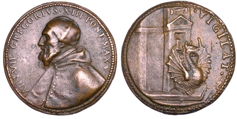 STATO PONTIFICIO. GREGORIO XIII (Ugo Boncompagni), 1572-1585 Medaglia in bronzo A. VII/(1579). Opera vigile di Gregorio XIII a difesa della Chiesa di Roma.  - Asta Numismatica - Cambi Casa d'Aste