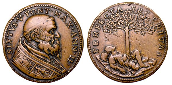 STATO PONTIFICIO. SISTO V (Felice Peretti), 1585-1590. Medaglia annuale in bronzo (1586)/A. II. Provvedimenti per la sicurezza dello Stato della Chiesa.
