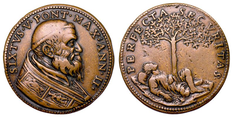 STATO PONTIFICIO. SISTO V (Felice Peretti), 1585-1590. Medaglia annuale in bronzo (1586)/A. II. Provvedimenti per la sicurezza dello Stato della Chiesa.  - Auction Numismatics - Cambi Casa d'Aste