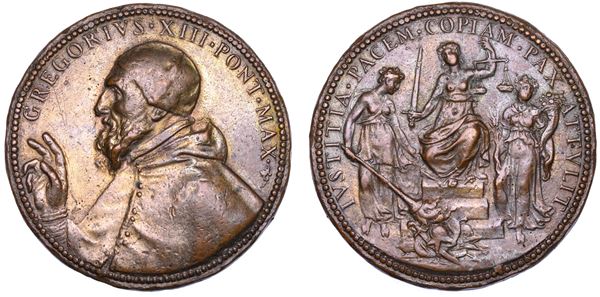 STATO PONTIFICIO. GREGORIO XIII (Ugo Boncompagni), 1572-1585. Medaglia in bronzo (1579). Meriti di Gregorio XIII.