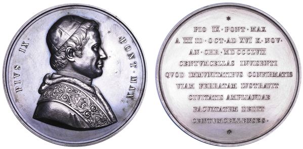 STATO PONTIFICIO. PIO IX (Giovanni Maria Mastai Ferretti), 1846-1878. Medaglia in argento 1857. Stazione ferroviaria di Civitavecchia.