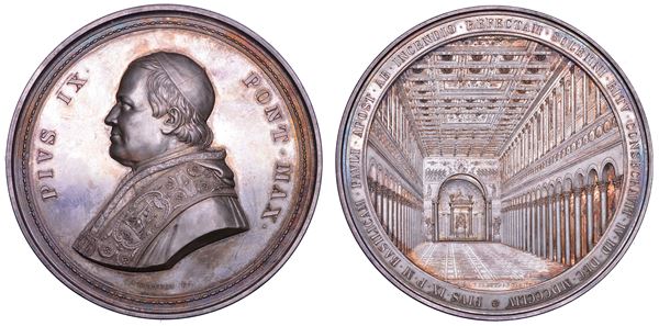 STATO PONTIFICIO. PIO IX (Giovanni Maria Mastai Ferretti), 1846-1878. Medaglia in argento 1854. Ricostruzione della Basilica di San Paolo fuori le Mura.
