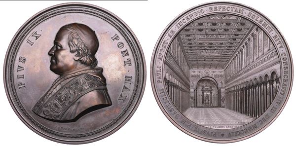 STATO PONTIFICIO. PIO IX (Giovanni Maria Mastai Ferretti), 1846-1878. Medaglia in bronzo 1854. Ricostruzione della Basilica di San Paolo fuori le Mura.