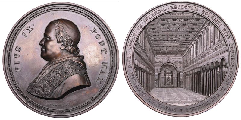STATO PONTIFICIO. PIO IX (Giovanni Maria Mastai Ferretti), 1846-1878. Medaglia in bronzo 1854. Ricostruzione della Basilica di San Paolo fuori le Mura.  - Auction Numismatics - Cambi Casa d'Aste