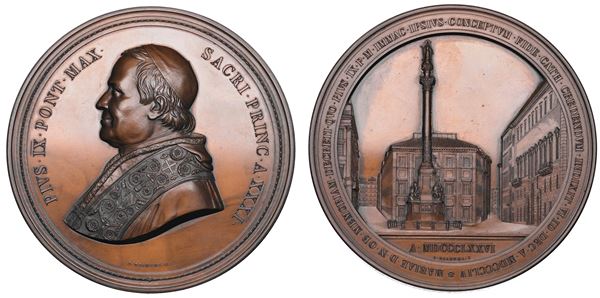 STATO PONTIFICIO. PIO IX (Giovanni Maria Mastai Ferretti), 1846-1878. Medaglia di massimo modulo in bronzo 1876/A. XXXI. Monumento alla Beata Vergine in Piazza di Spagna.