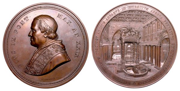STATO PONTIFICIO. PIO IX (Giovanni Maria Mastai Ferretti), 1846-1878. Medaglia in bronzo di massimo modulo 1874/A. XXIX. Confessione in Santa Maria Maggiore.