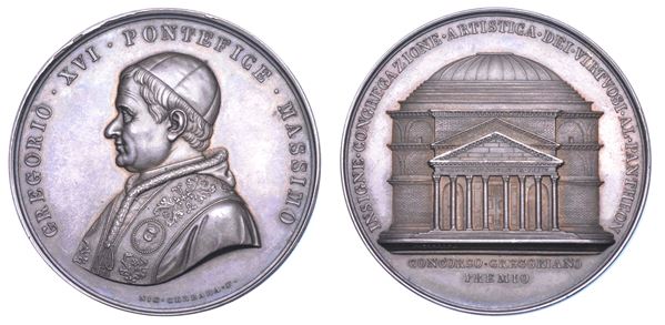 STATO PONTIFICIO. GREGORIO XVI (Bartolomeo Alberto Cappellari), 1831-1846. Medaglia in argento (1838/A. VIII). Premio del concorso dell'Accademia dei Virtuosi al Pantheon.