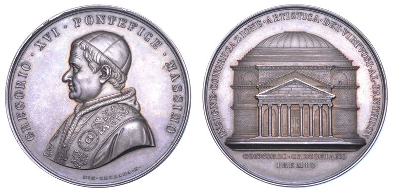 STATO PONTIFICIO. GREGORIO XVI (Bartolomeo Alberto Cappellari), 1831-1846. Medaglia in argento (1838/A. VIII). Premio del concorso dell'Accademia dei Virtuosi al Pantheon.  - Auction Numismatics - Cambi Casa d'Aste