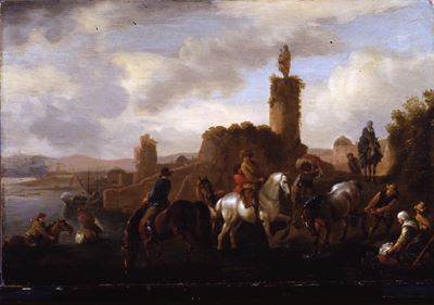 Cavalieri in sosta presso un fiume, olio su tavola