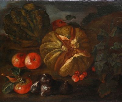 Scuola del XVII secolo, Natura morta con zucca e frutti, olio su tela