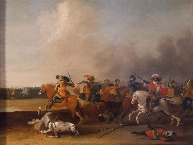 Jan van der Stoffe : Scontro di cavalleria  - olio su tavola - Asta Dipinti Antichi - Cambi Casa d'Aste