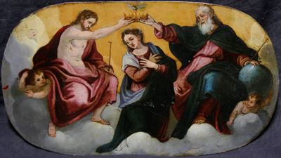 Scuola del XVIII secolo, Incoronazione della Vergine, olio su rame