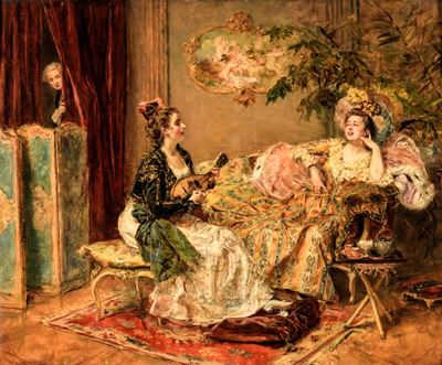 Figure femminili in interno con liuto, olio su tavola