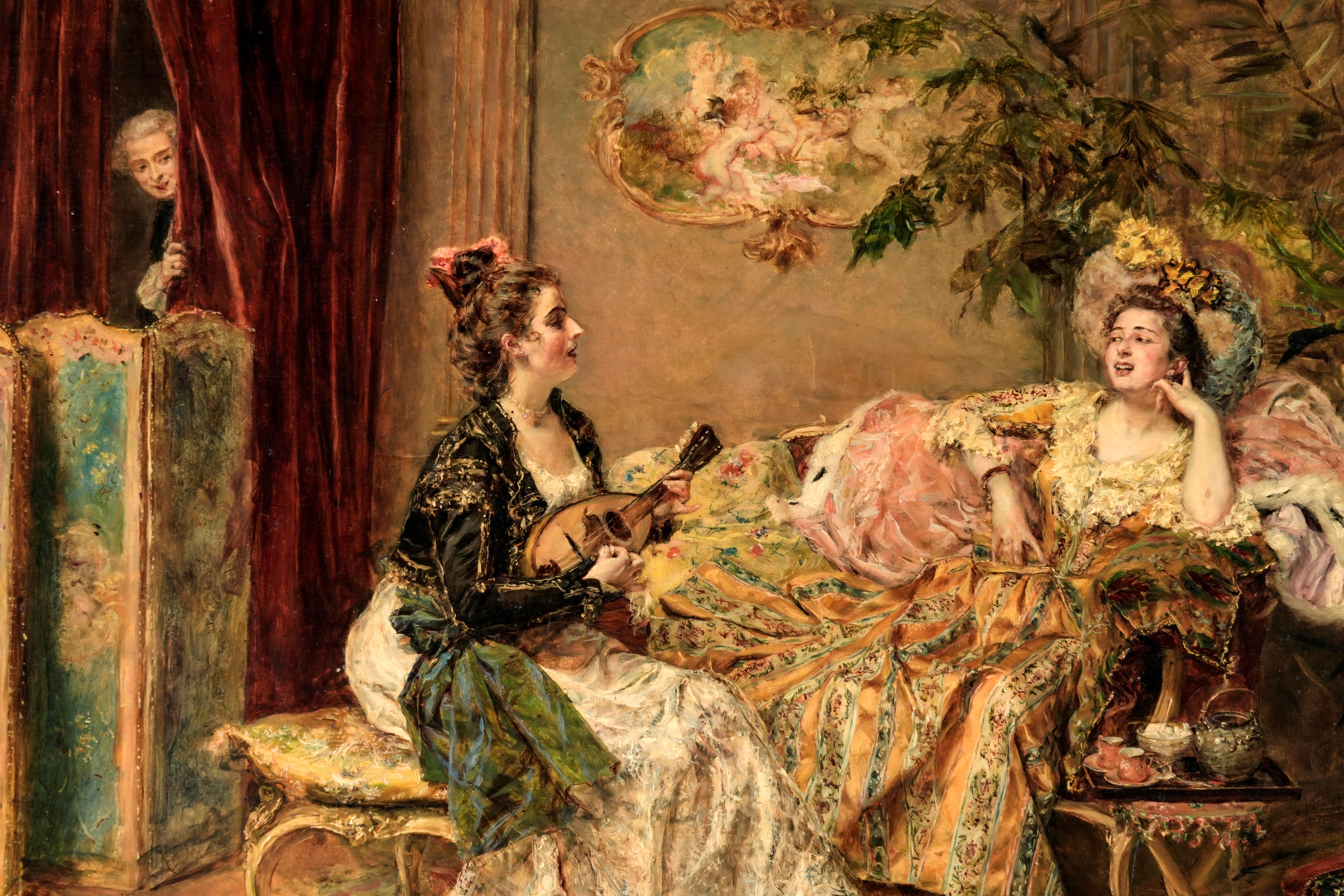 Raimundo De Madrazo - Figure femminili in interno con liuto, olio su tavola
