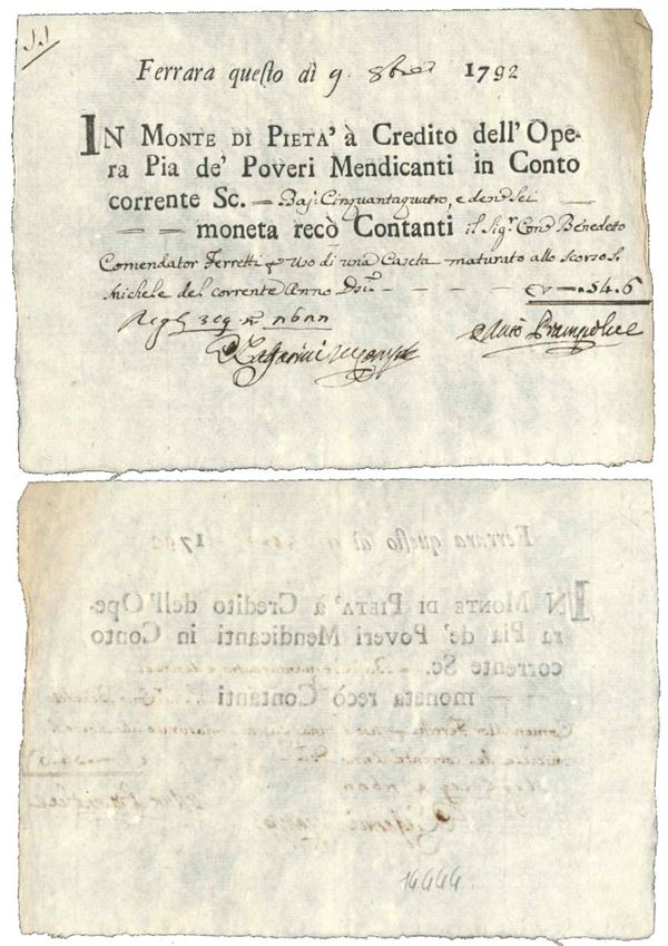 FERRARA. MONTE DI PIETA’. Credito a favore dell’Opera Pia de’ Poveri Mendicanti di Ferrara 1792.