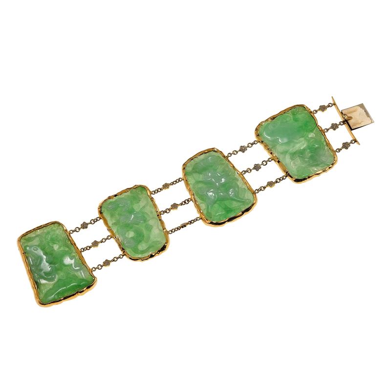 Bracciale con cialde in giadeite e piccoli diamanti taglio huit-huit  - Asta Gioielli - Cambi Casa d'Aste
