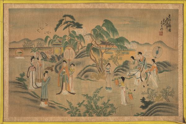 Dipinto raffigurante scena di vita comune con fanciulle e  iscrizioni, Cina, XX secolo