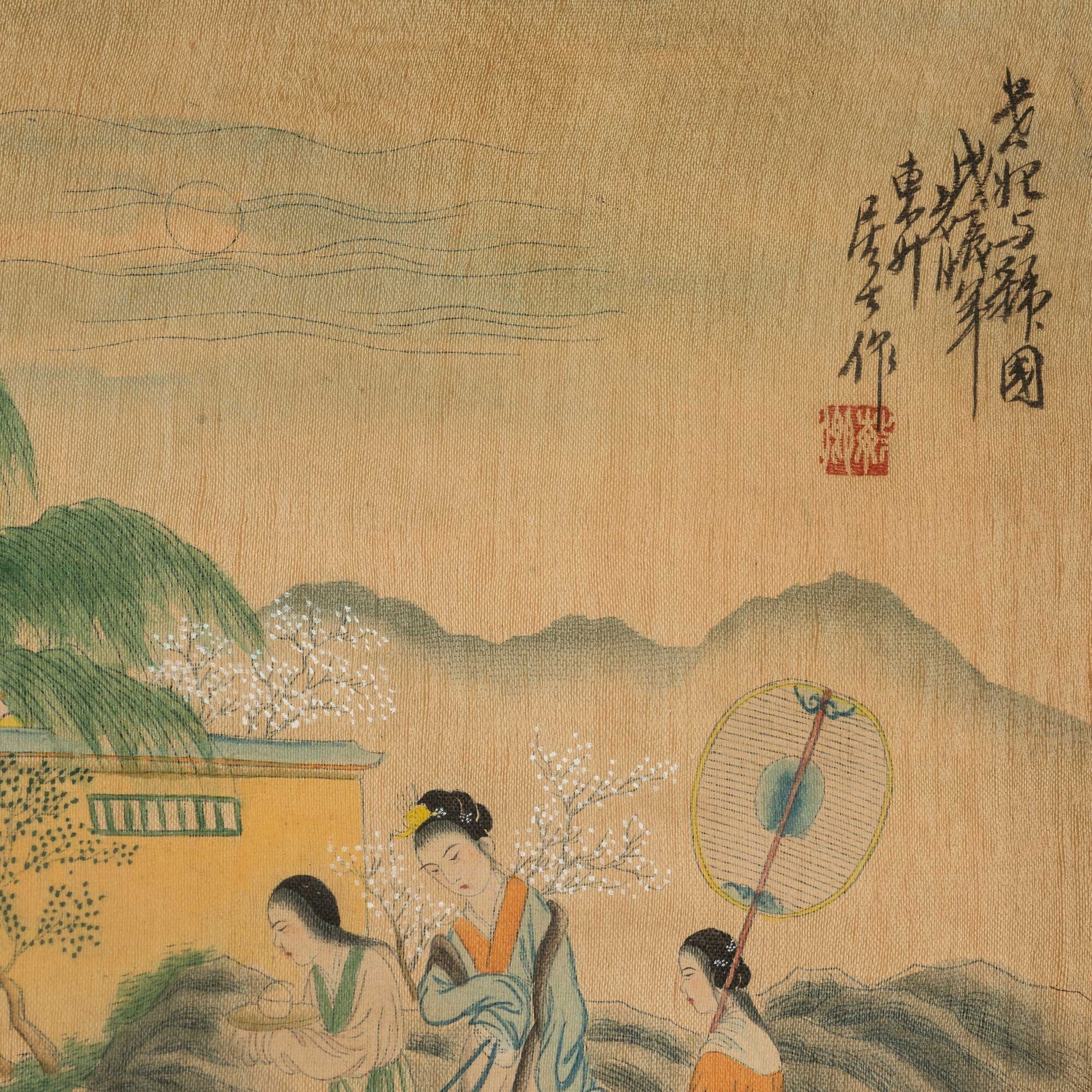 Cina, Dipinto con scena di vita comune con fanciulle e iscrizioni, XX secolo