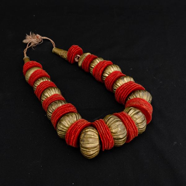 Necklace with fabric and metal elements, Tibet, 19th century.