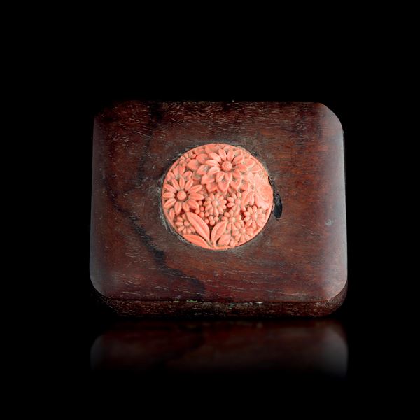 Wooden box with a medallion carved in coral depicting flowers, Japan, Meiji period (1868–1912)