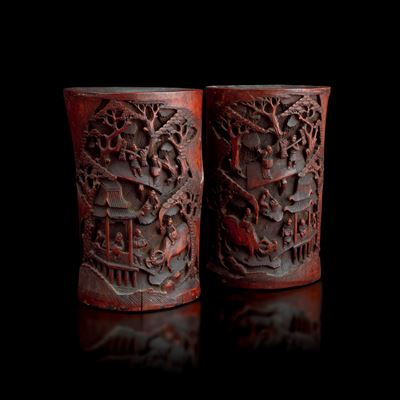 Coppia di Porta Pennelli in Legno Raffiguranti Scena di Vita Comune, Cina, Dinastia Qing, XIX Sec...