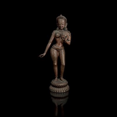 Figura di Divinità Femminile su Doppio Fiore di Loto in Bronzo, Nepal, XIX Secolo