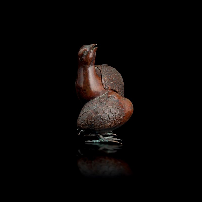 Incensiere in bronzo raffigurante coppia di quaglie, Giappone, periodo Meiji (1868-1912)  - Auction Fine Asian Works of Art - Cambi Casa d'Aste
