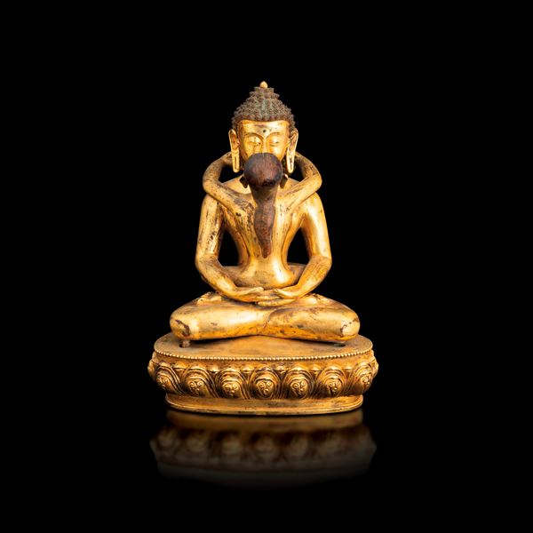Gilded bronze figure depicting Buddha and female figure “Yab Yum” on a lotus flower, Tibet, 19th century