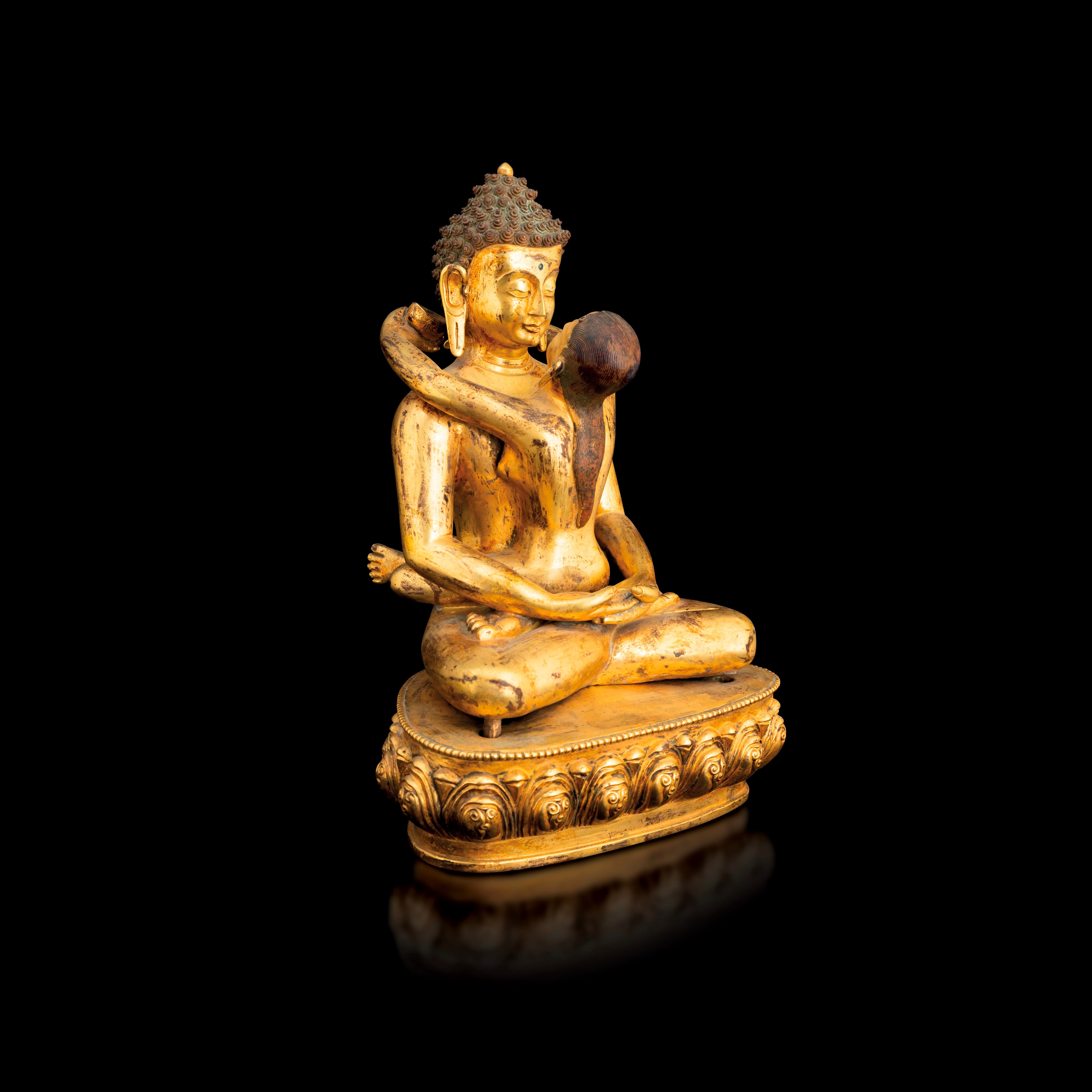 Figura in Bronzo Dorato Raffigurante Buddha e Figura Femminile "yab Yum" su Fiore di Loto, Tibet,...