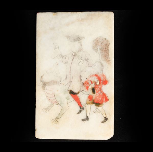Placca in saponaria raffigurante personaggi e drago, Cina, Dinastia Qing, XVIII secolo