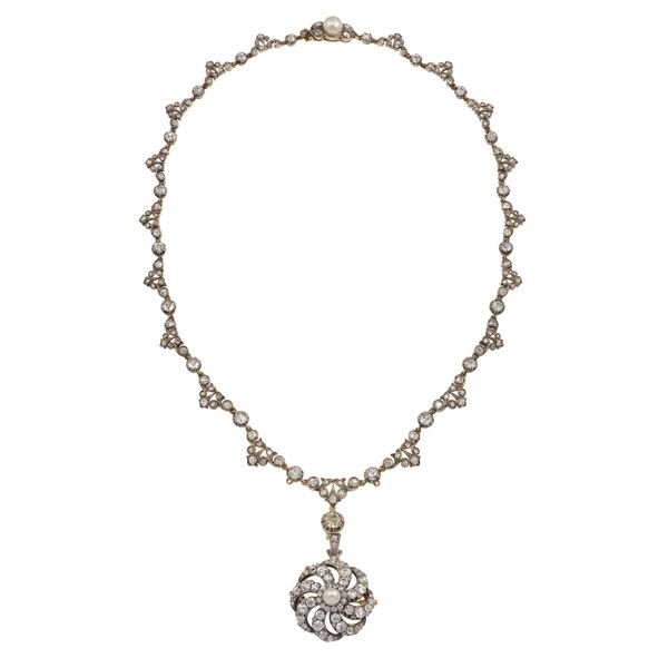 Collana con pendente/spilla con diamanti di vecchio taglio e perle