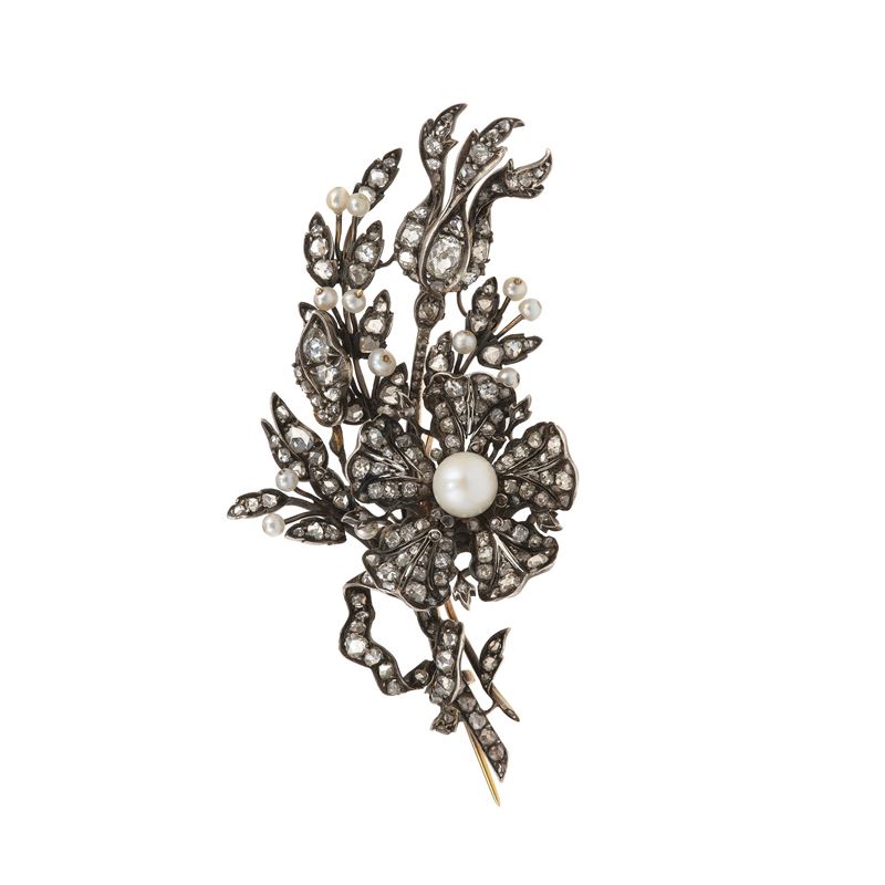 Spilla “en tremblant” con perle, diamanti di vecchio taglio e diamanti taglio rosa  - Asta Fine Jewellery - Cambi Casa d'Aste