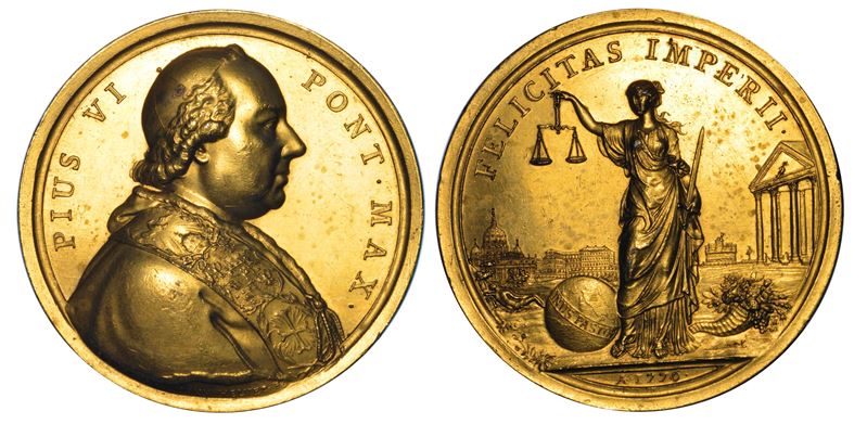 STATO PONTIFICIO. PIO VI (Giannangelo Braschi), 1775-1799. Medaglia in bronzo dorato 1776. Prosperità dello Stato della Chiesa.  - Asta Numismatica - Cambi Casa d'Aste