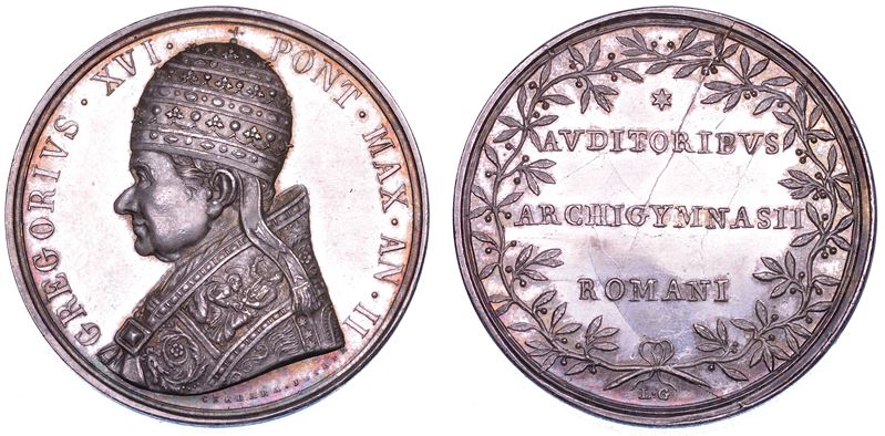 STATO PONTIFICIO. GREGORIO XVI (Bartolomeo Alberto Cappellari), 1831-1846. Medaglia in argento 1832/A. II. Premio agli studenti dell'Università di Roma.  - Auction Numismatics - Cambi Casa d'Aste