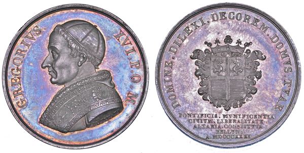 STATO PONTIFICIO. GREGORIO XVI (Bartolomeo Alberto Cappellari), 1831-1846. Medaglia in argento 1831/A. I. La città di Belluno per il primo anniversario di pontificato.
