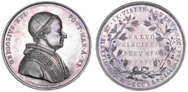 STATO PONTIFICIO. GREGORIO XVI (Bartolomeo Alberto Cappellari), 1831-1846. Medaglia in argento 1841/A. XI.  Visita del Pontefice a Perugia.