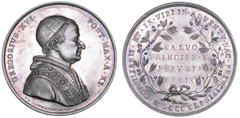 STATO PONTIFICIO. GREGORIO XVI (Bartolomeo Alberto Cappellari), 1831-1846. Medaglia in argento 1841/A. XI.  Visita del Pontefice a Perugia.  - Auction Numismatics - Cambi Casa d'Aste