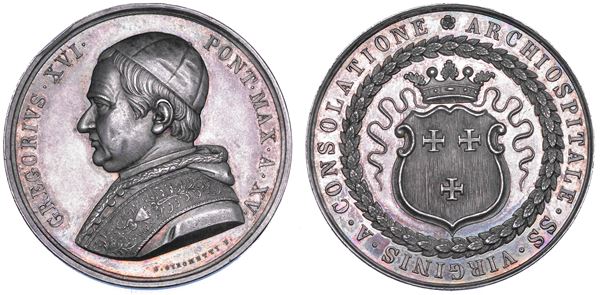 STATO PONTIFICIO. GREGORIO XVI (Bartolomeo Alberto Cappellari), 1831-1846. Medaglia in argento 1845/A. XV. Ottavo Centenario dell'Ospedale della Consolazione.