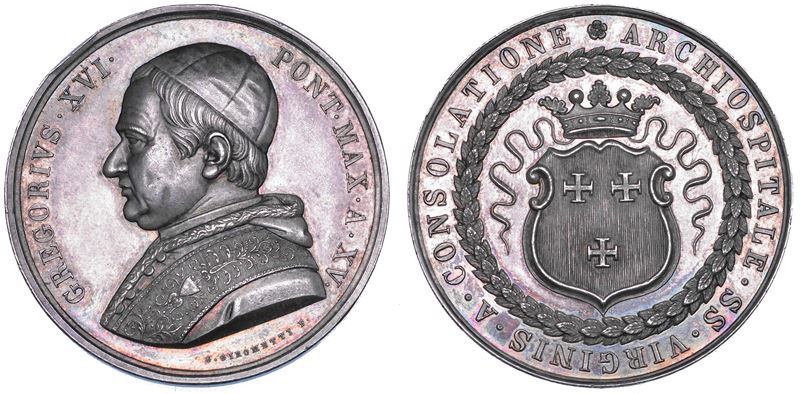 STATO PONTIFICIO. GREGORIO XVI (Bartolomeo Alberto Cappellari), 1831-1846. Medaglia in argento 1845/A. XV. Ottavo Centenario dell'Ospedale della Consolazione.  - Auction Numismatics - Cambi Casa d'Aste